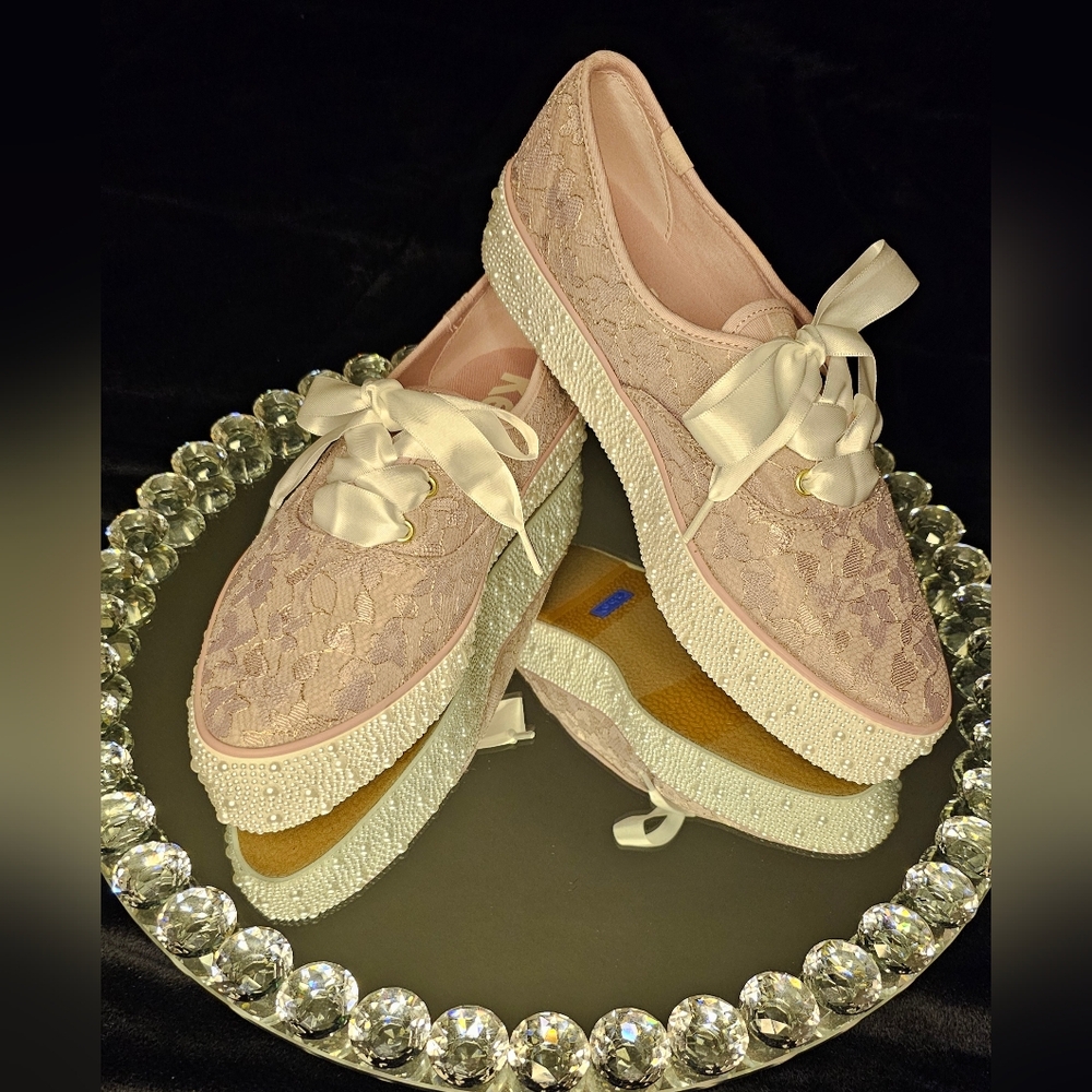 Elegant Pink Lace Women's Keds With Customized Pearl Soles